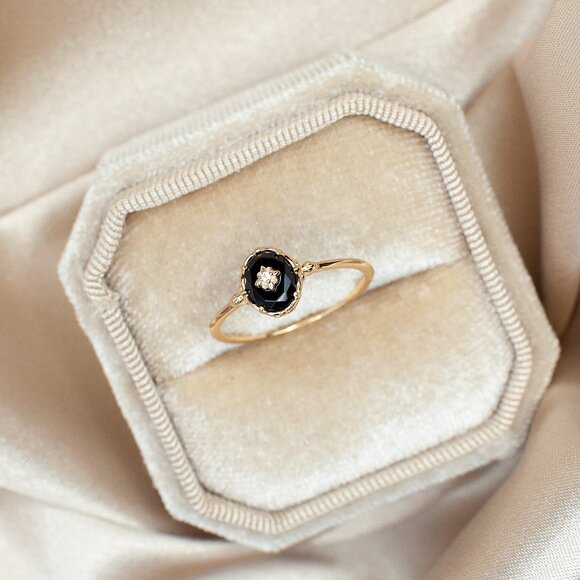 Black Agate Gold Signet Ring, Gold Vermeil Rings, Stackable Gold Ring - Picture 1 of 8
